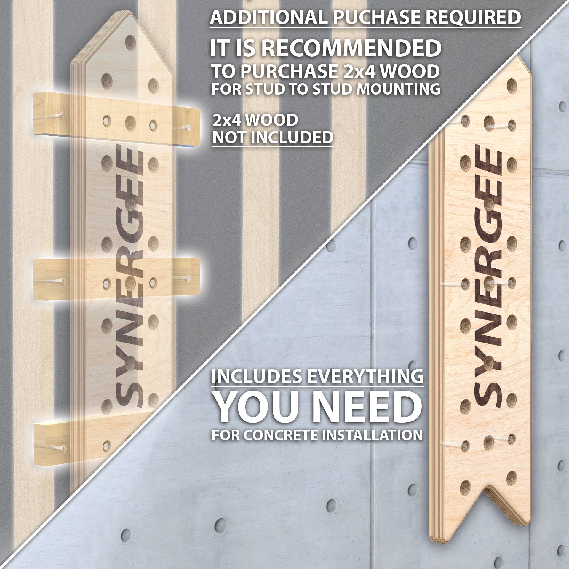 Synergee Peg Board 4ft and 8ft Climbing Pegboard for Pull Up, Rock Climbing, Parkour, and Fitness. Includes 2 or 4 Pegs.