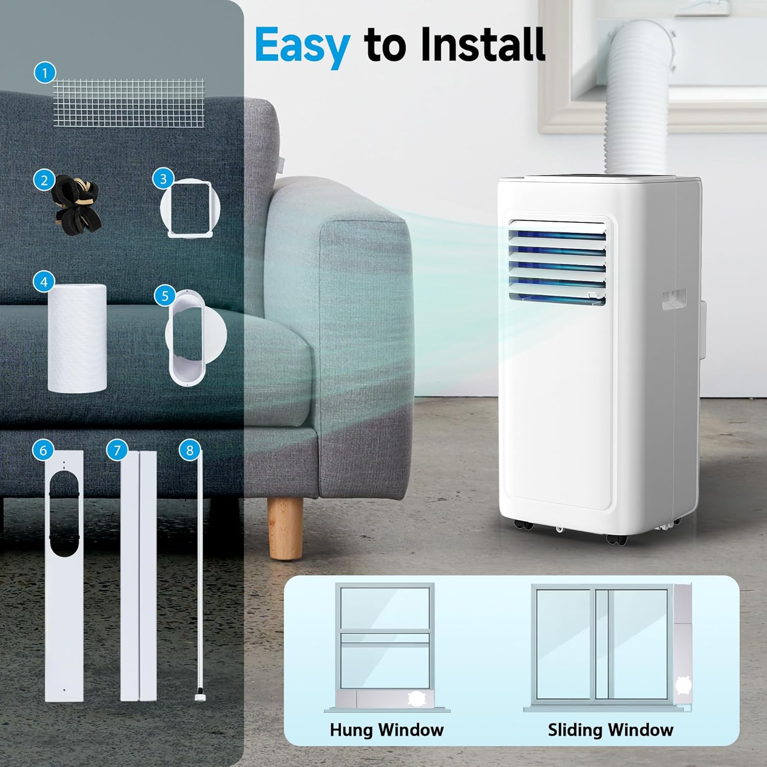 8000 BTU Portable Air Conditioners - Cools 350 Sq.Ft., 3-in-1 Portable AC Units for Rooms with Remote Control,Sleep Mode,24H Timer, AC Unit for Bedroom Apartment Dorms, Window Kit Included