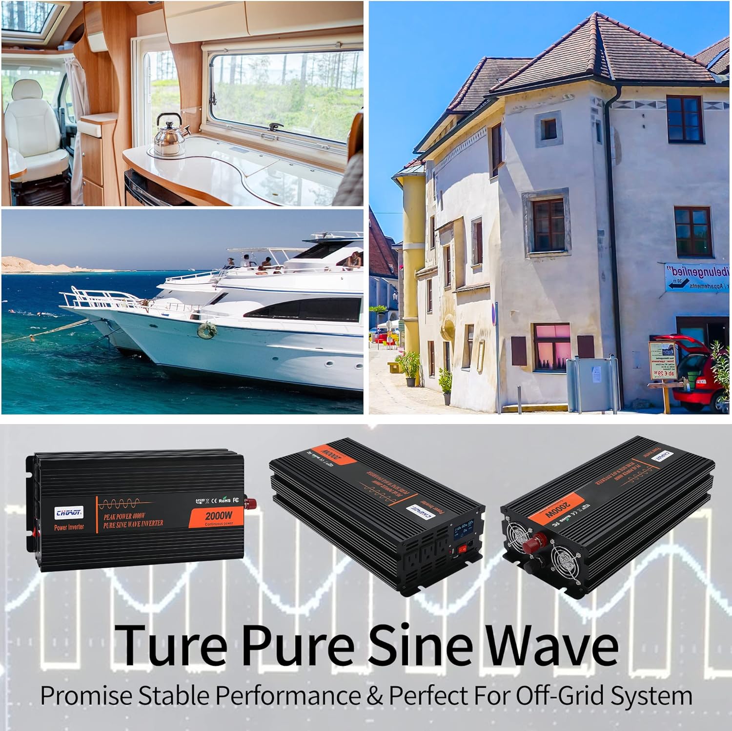 Power Inverter, 2000W Pure Sine Wave Inverter DC 12V to AC 120V Car Inverter with LCD Digital Display Remote Control USB Port Power Converter for Travel/Camping