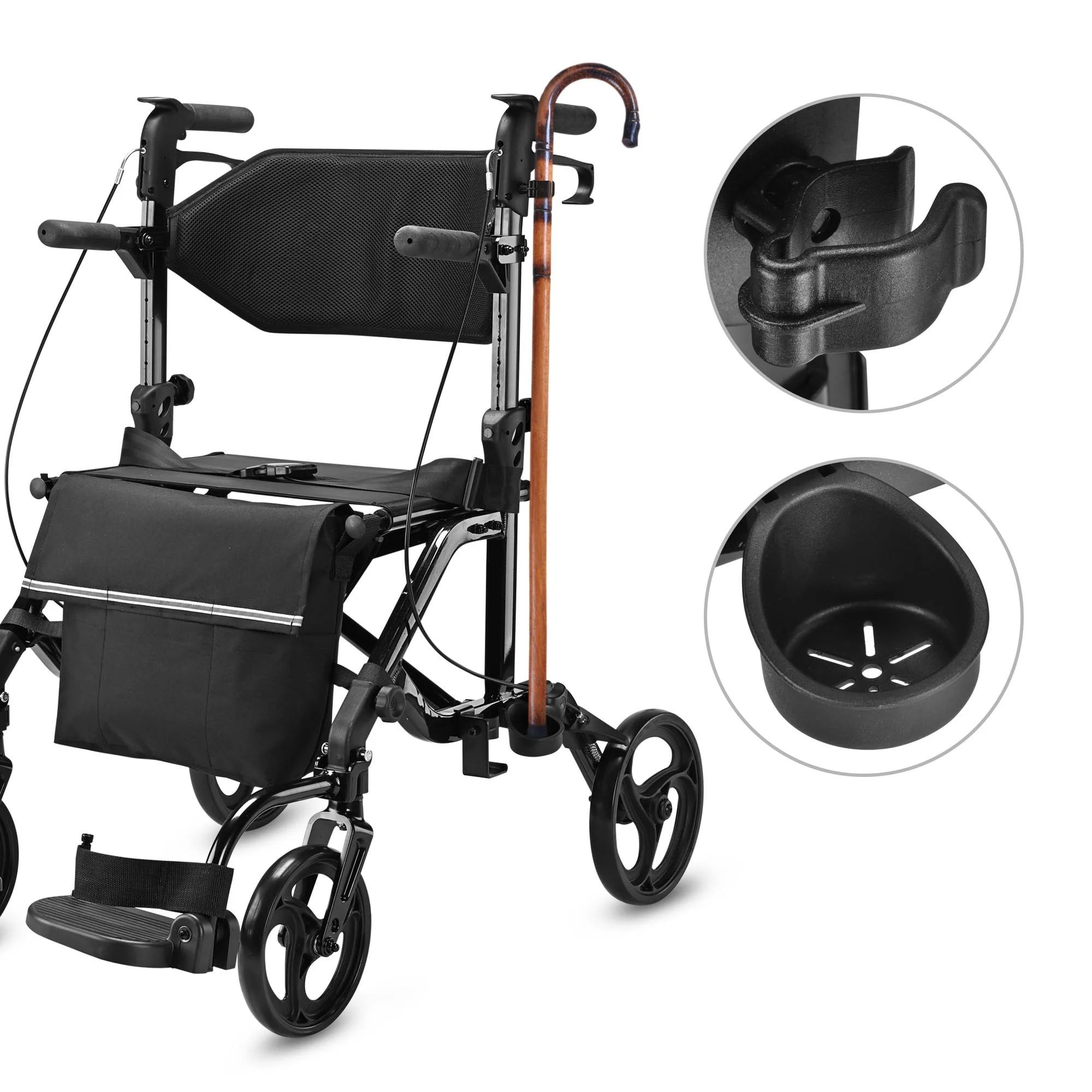 Yescom 2 in 1 Rollator Walker Transport Wheelchair with Backrest Footrests Foldable for Senior Black