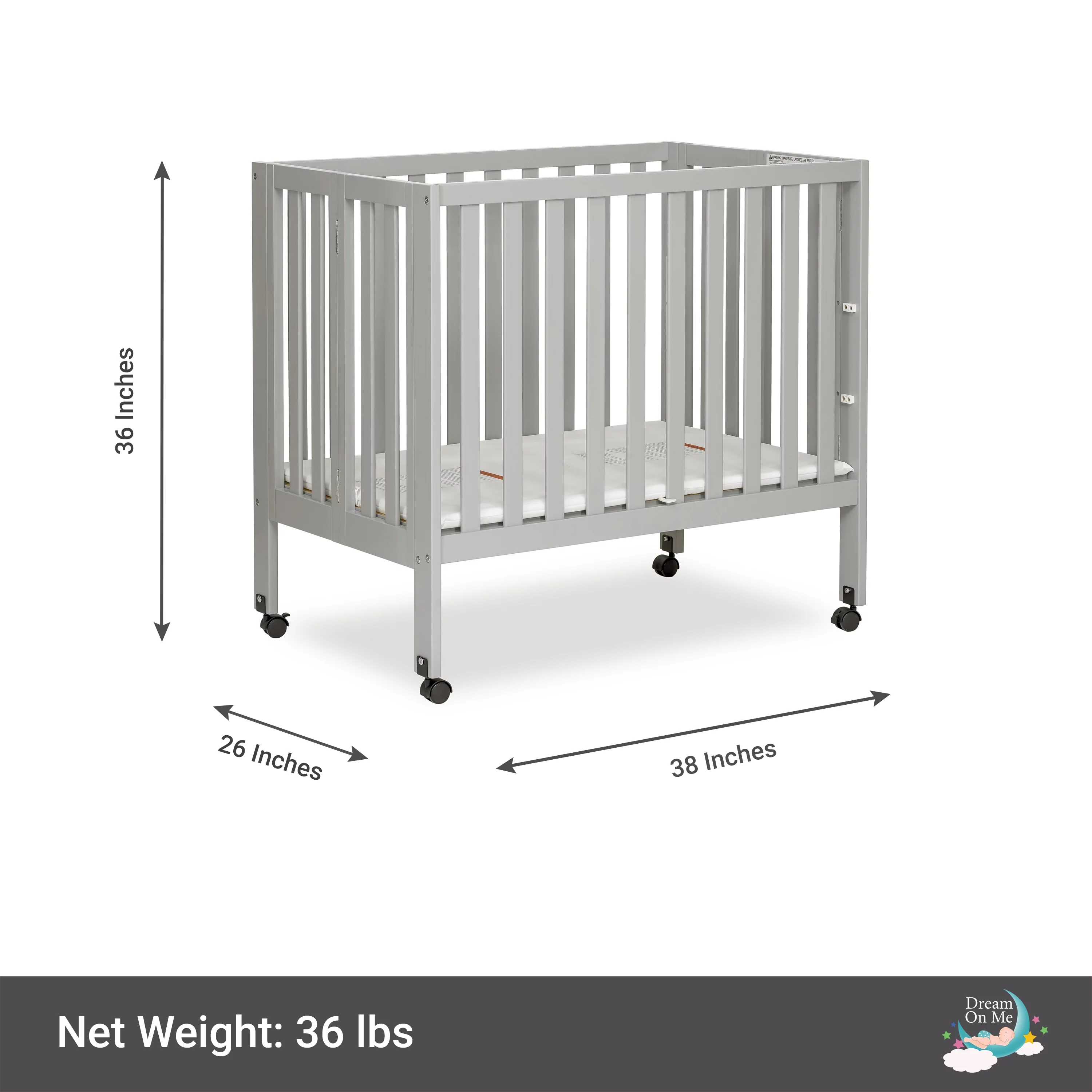 Dream On Me Jett Non-Full Size Folding Crib in Pebble Grey, Patented Folding System