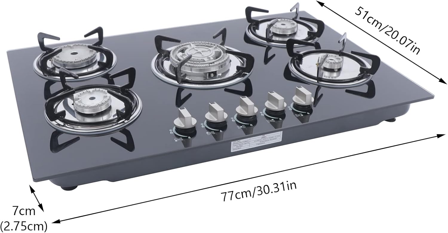 30 Inch Gas Cooktop 5 Burners Gas Stove Gas Hob Stovetop Tempered Glass Cooktop Cast Iron Grates Built-in Gas Stove Top LPG/NG Gas Cooktop Flameout Protection (5 Burners, 30'' x 20'')