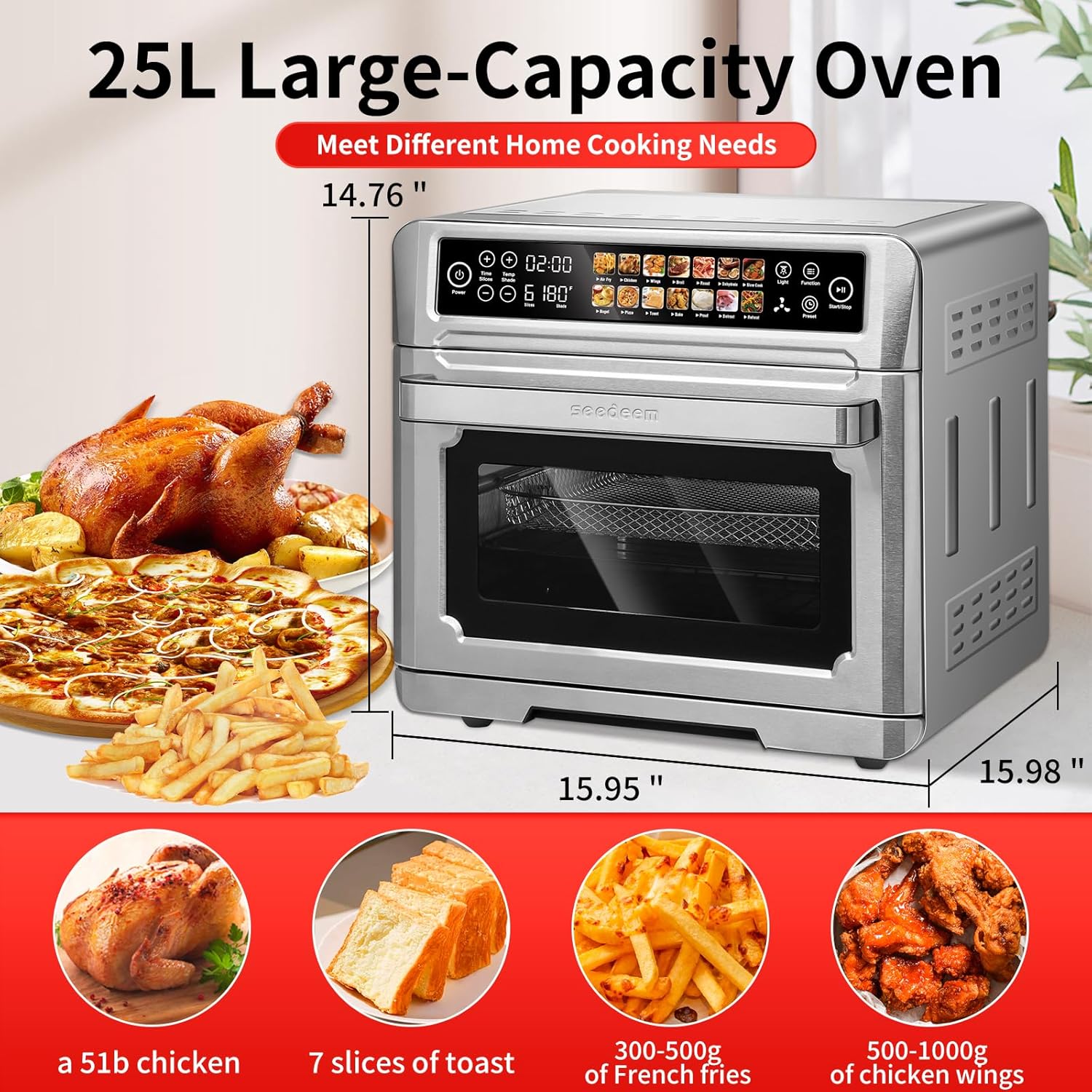 Air Fryer Toaster Oven, SEEDEEM 25L Countertop Convection Oven with Color LCD Display and Touch Screen, 14-in-1 Functions, Stainless Steel Smart Oven with Preset and Timer, Silver Metallic
