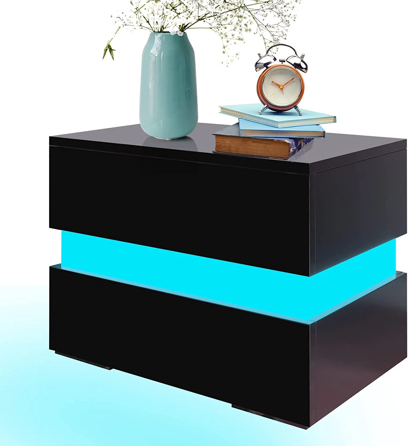 LED Nightstand Set of 2 with 2 Storage Drawers, Modern High Gloss Bedside Table with Led Lights, End Table for Bedroom Furniture, Black