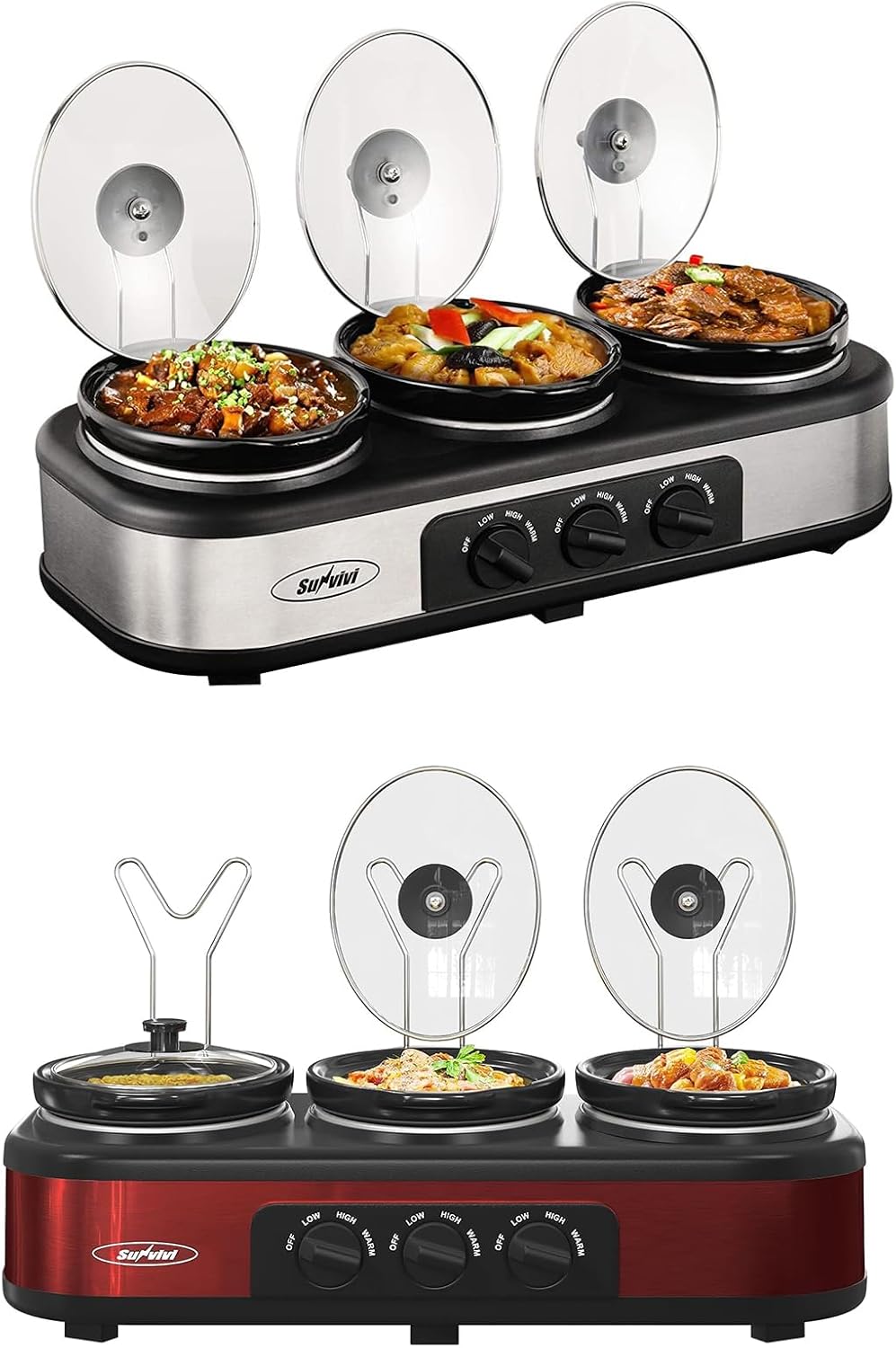 Sunvivi Triple Slow Cookers Silver and Red Color, Slow Cooker Mini Crock Pot for Dips, Food Warmers Buffet Server Stainless Sliver