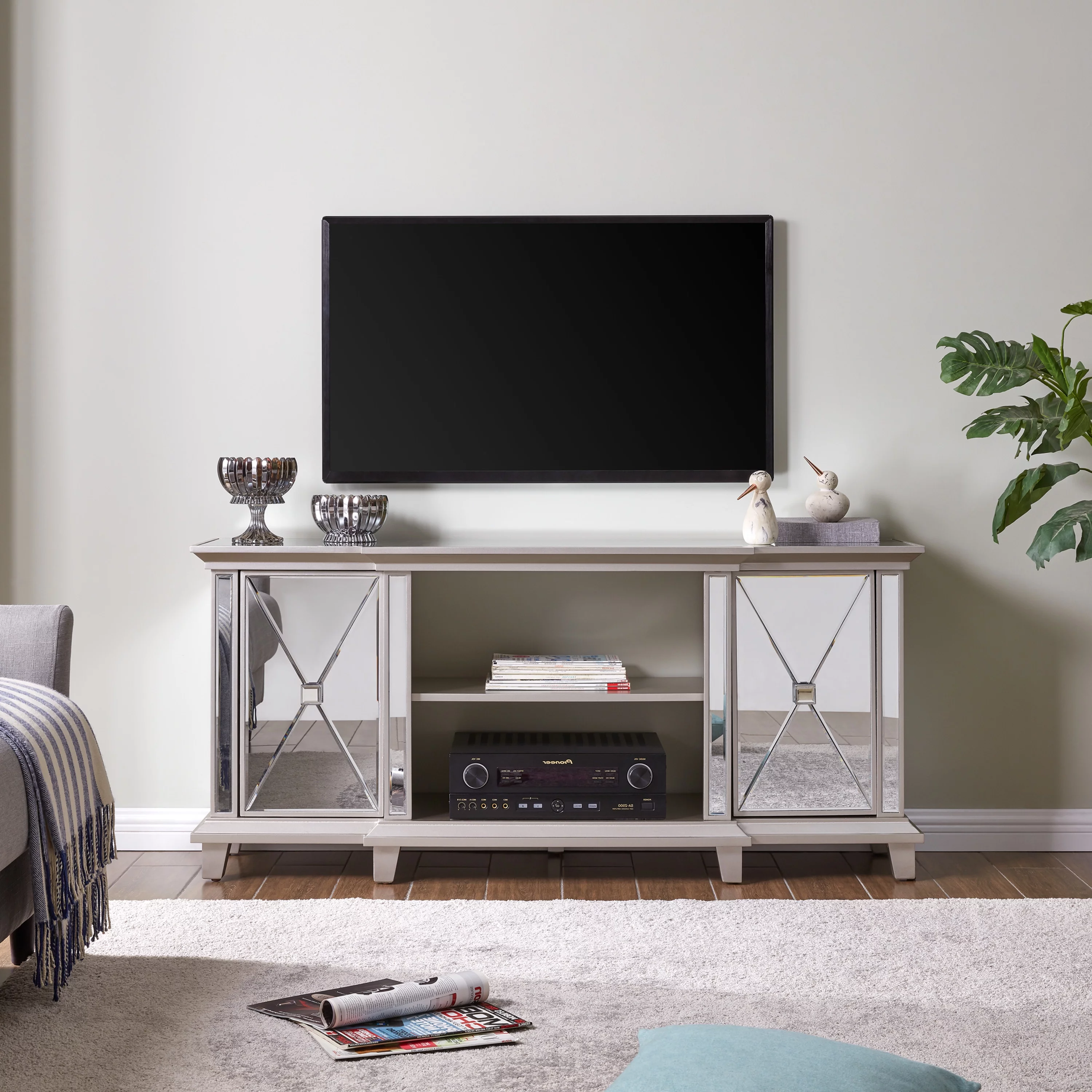SEI Paddington Glam style Mirrored Media Console w/ Storage in Mirror and silver finish
