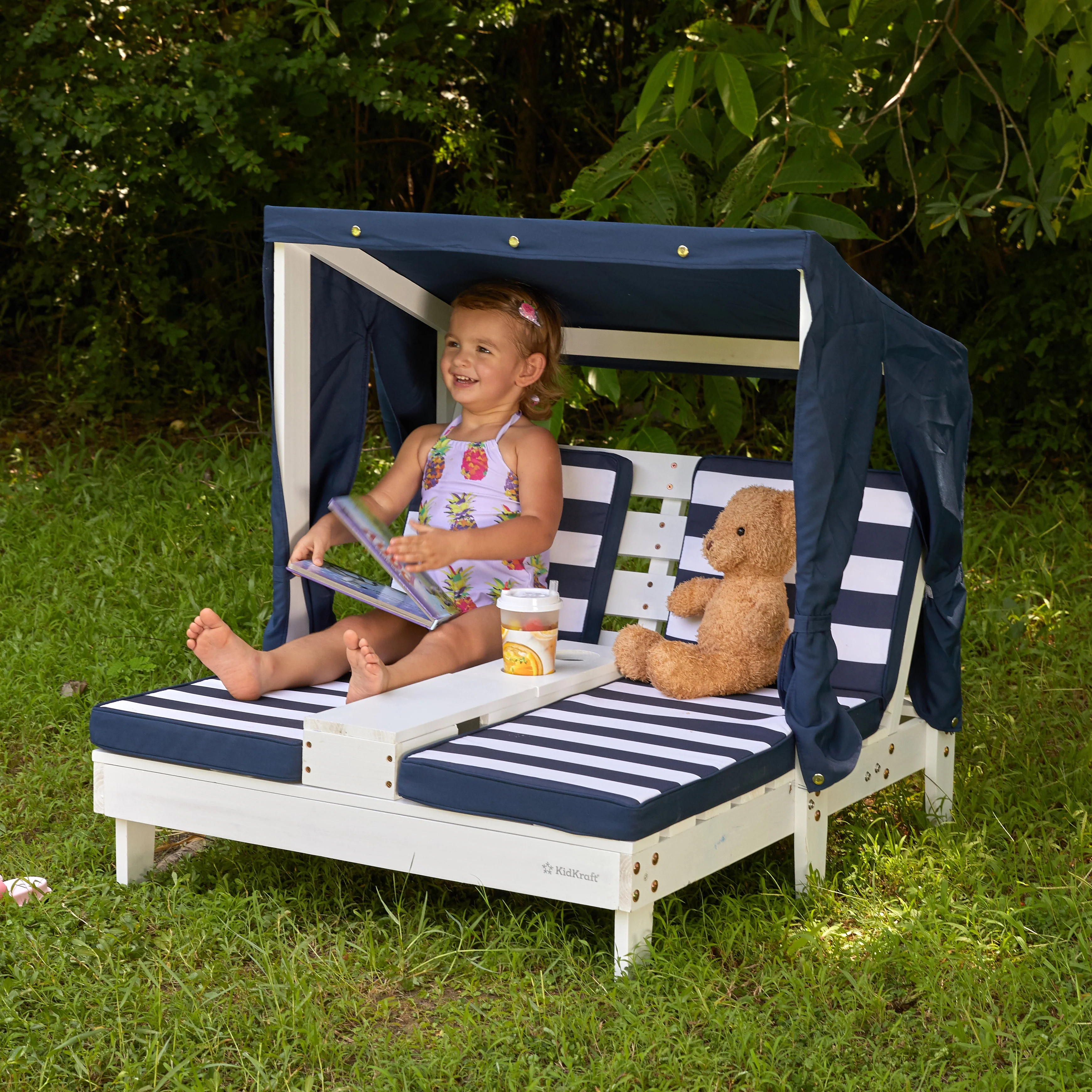 KidKraft Wooden Outdoor Double Chaise Lounge with Cup Holders, White with Navy and White Stripes