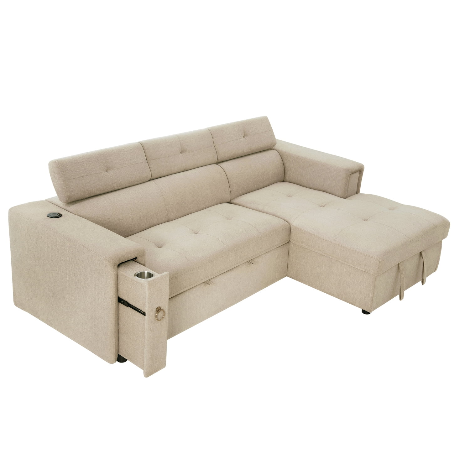 Churanty Pull Out Couch Bed with Storage and Cup Holder Sectional Sleeper Sofa with Wireless Charging L Shaped Couch with Adjustable Headrest Convertible Sofa Bed for Living Room,Beige - Curated Treasures Market