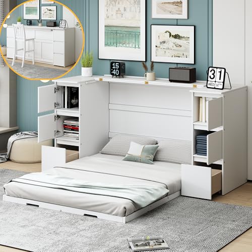 Twin Size Murphy Beds with Charging Station and Storage Drawers, Wood Cabinet Bed Frame, Wall Bed with Outlet & USB Ports for Home Office Studio, White