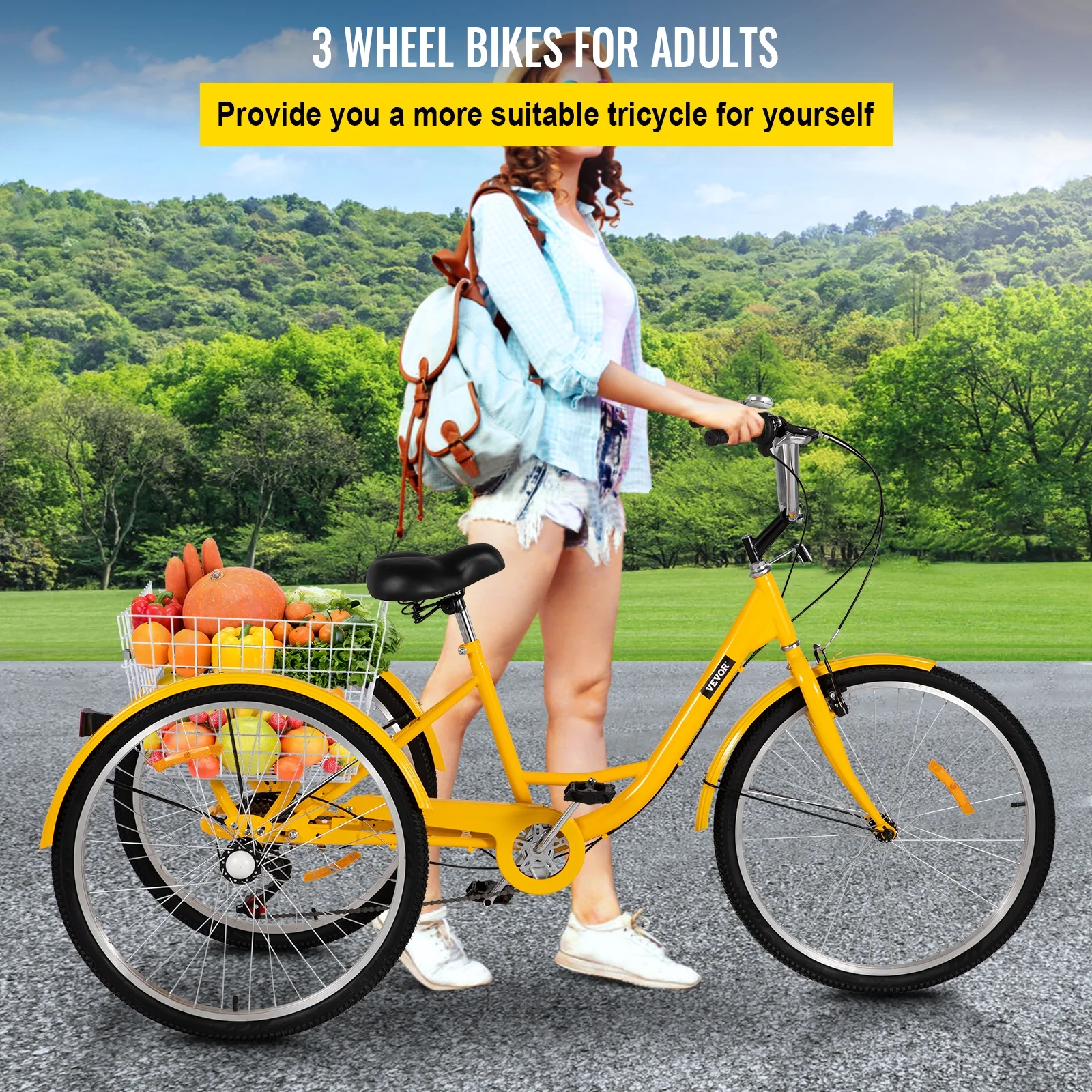 SKYSHALO Adult Tricycle 26in Adjustable Trike 7 Speed 3-Wheels Cruise Bike with Bell, Rear Brake System Cruiser Bicycles Large Size Basket for Shopping