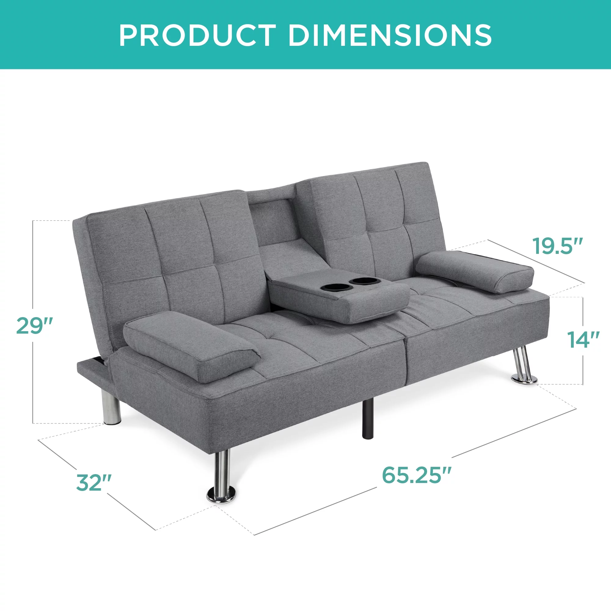 Best Choice Products Modern Linen Convertible Futon Sofa Bed w/ Removable Armrests, Metal Legs, Cupholders - Gray