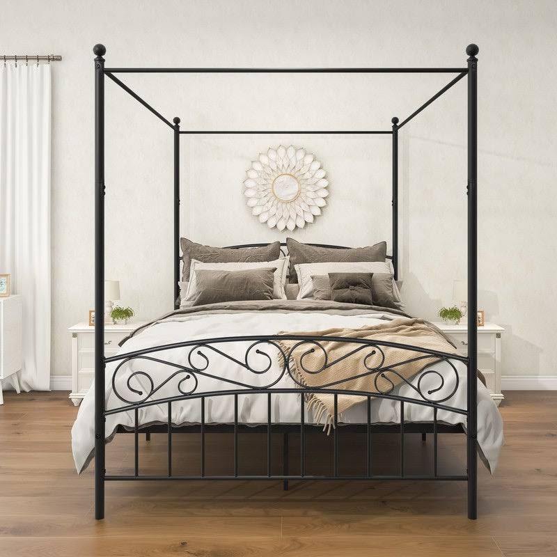 Canopy Bed Frame Queen Size 4 Poster Mattress Foundation Post Corner - Black