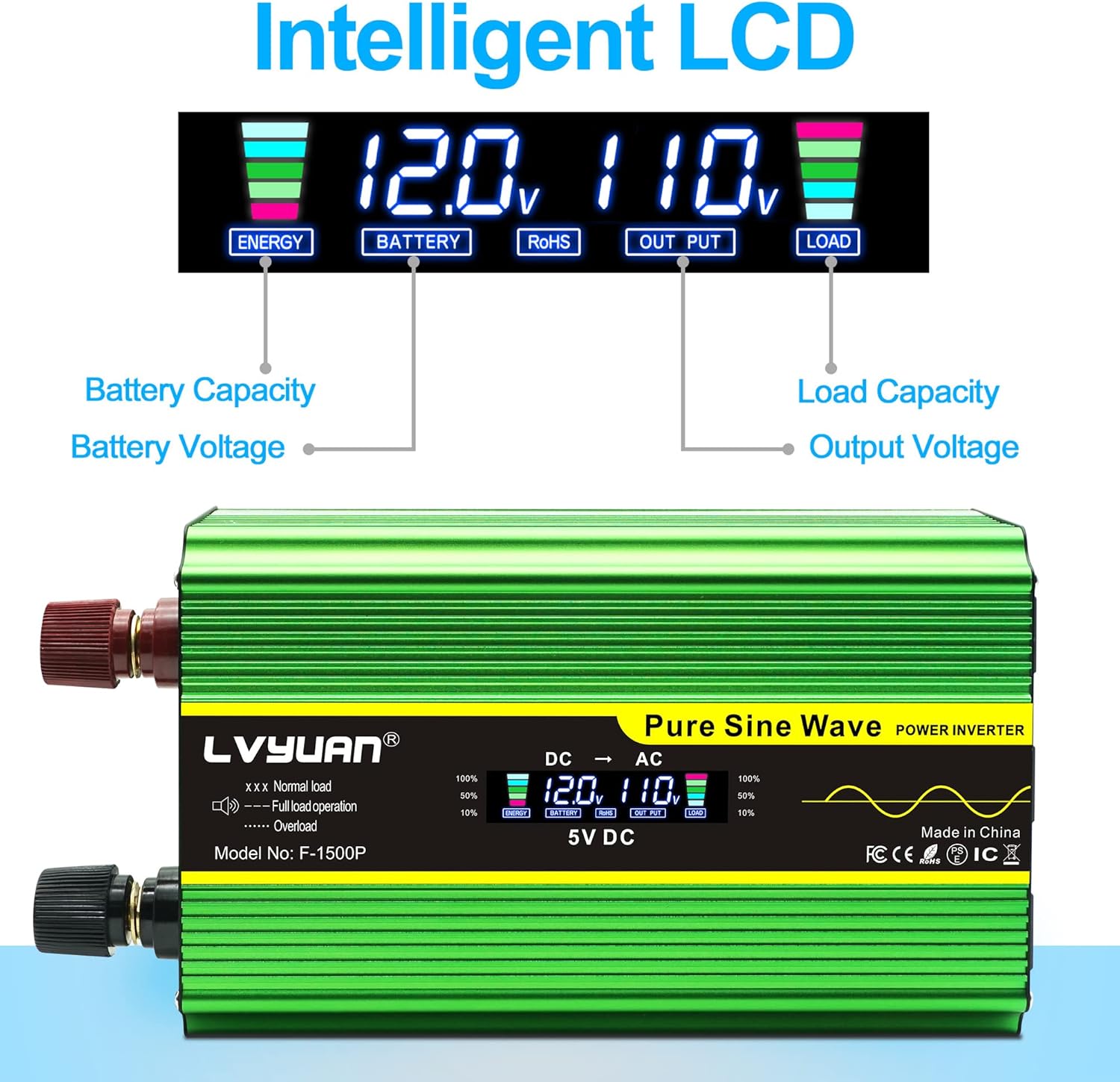 Cantonape 2500 Watt Pure Sine Wave Power Inverter 12V DC to 120V AC Converter with 4 AC Outlets and 3.1A USB Port & LED Display for Car RV Truck Boat Travel Emergency