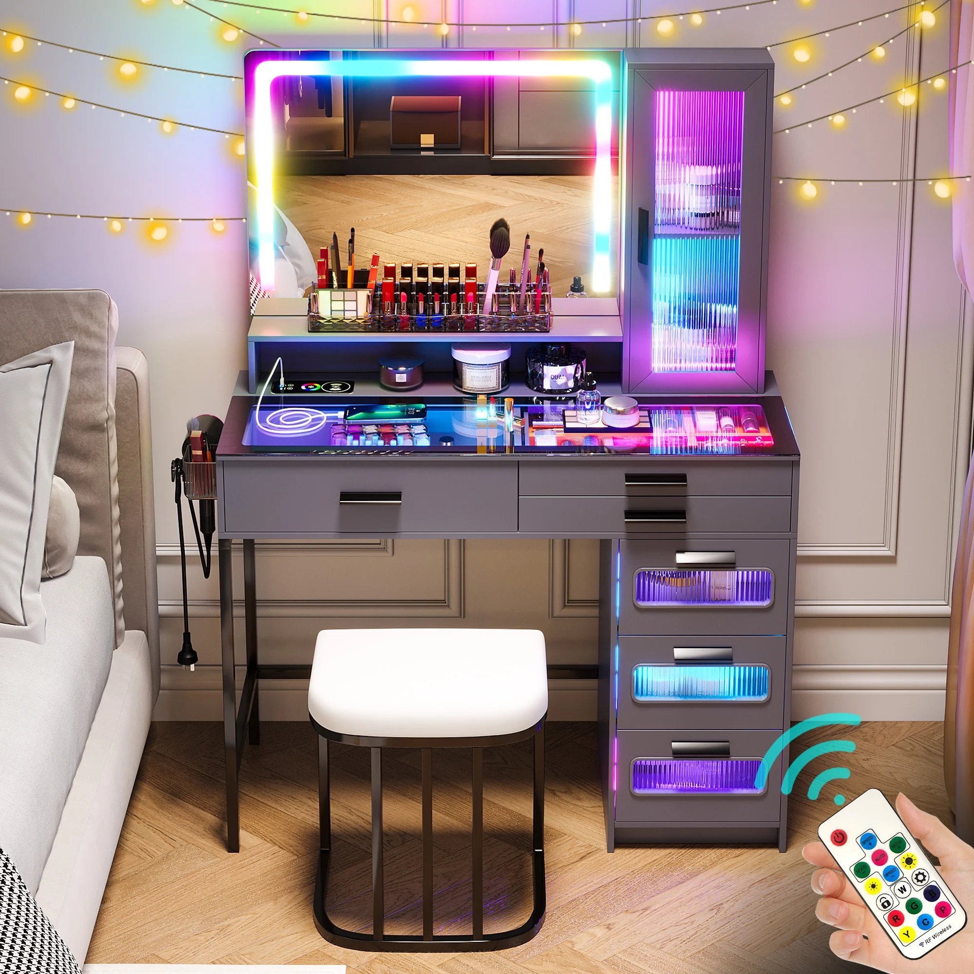 HNEBC Vanity Desk with Mirror and RGB Lights, Glass Top Makeup Vanity with Auto Sensor Lights and Wireless Charging, Vanity Table Set with Cushion Stool, Dressing Table with 6 Drawers (Grey)