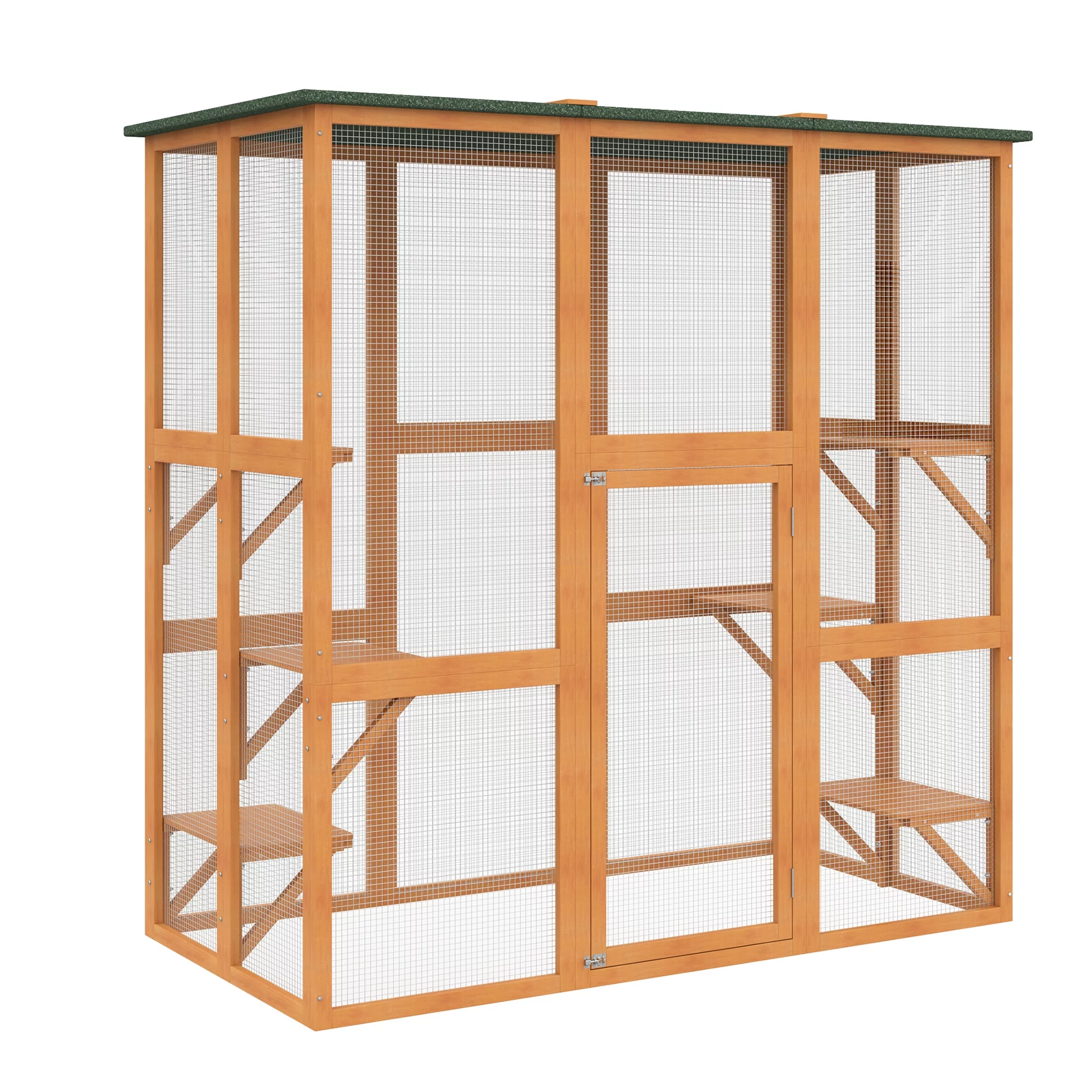 PawHut Outdoor Cat House Big Catio Wooden Feral Cat Shelter Enclosure with Large Spacious Interior, 6 High Ledges, Weather Protection Asphalt Roof, 71" L, Orange