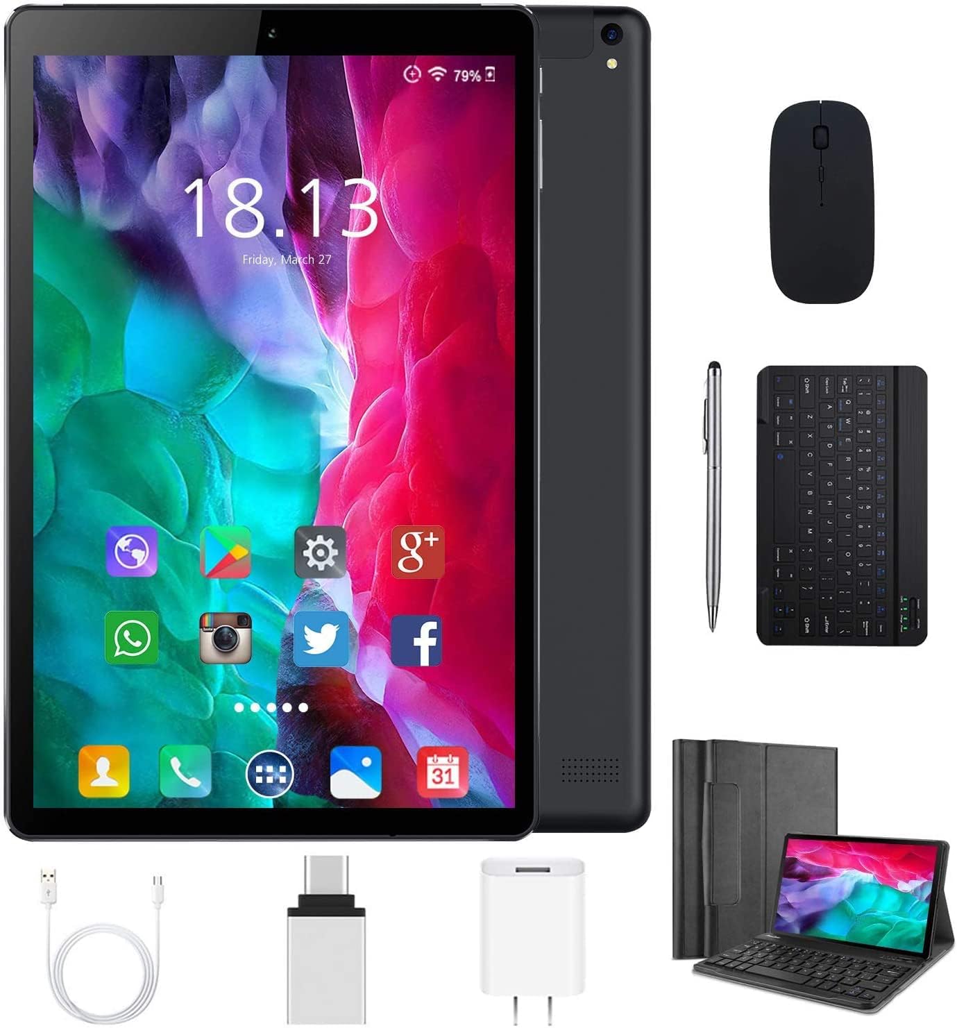 2 in 1 Tablets 10 Inch, Android 9 Tablet PC with Wireless Keyboard Case, 4GB RAM 64GB ROM/128GB Computer Tablets, Quad Core, HD/IPS, 8000mAh, Dual 4G SIM/WiFi (Gold)