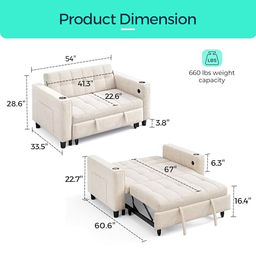 LINSY 3-in-1 Convertible Sofa Bed, 54" Pull Out Sleeper Sofa with Charging Station & Cup Holder, Small Folding Loveseat with Side Pocket for Small Space, Corduroy Couch, Green