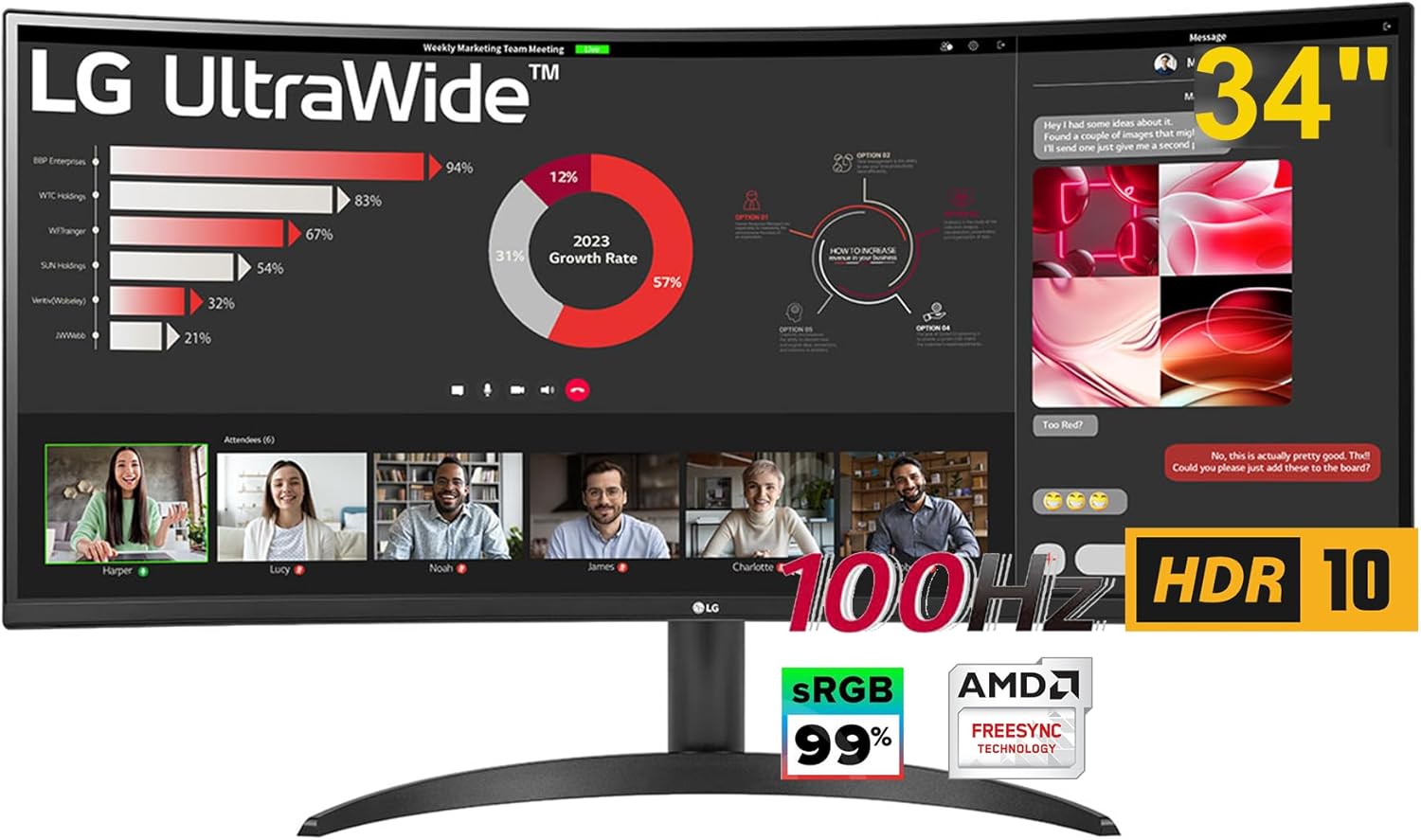 LG 34 Curved Gaming Monitor - 34" UltraWide WQHD (3440 x 1440) - 100Hz Refresh Rate - 5ms GTG - sRGB 99% - 3000: 1-21: 9 - AMD FreeSync - Flicker Safe - Black