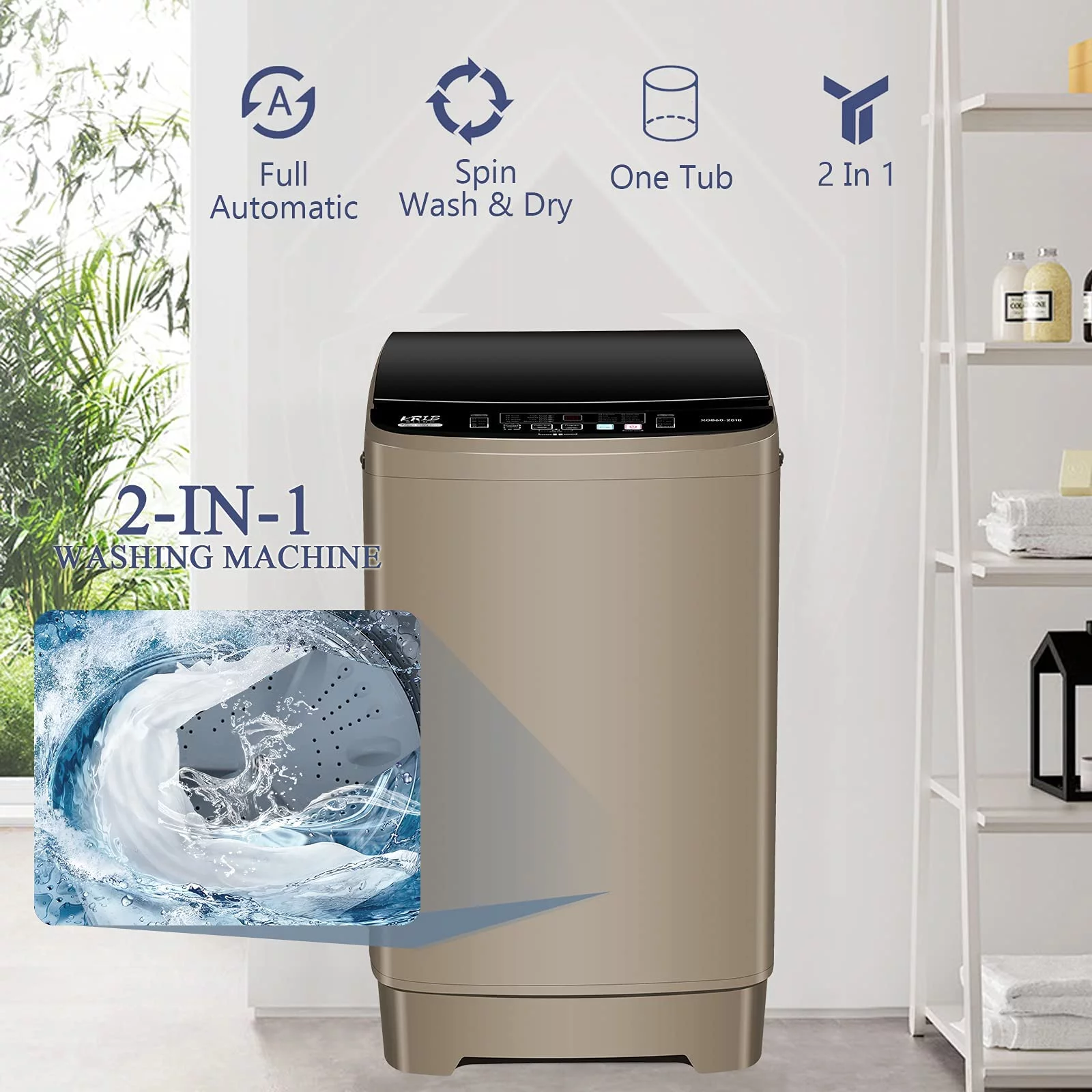 GGTB Portable Washing Machine, 1.9 Cu.ft Fully Automatic Compact Washer, 10 Wash Programs Washer with Drain Pump for Apartments, RVs, Camping, Coffee Gold