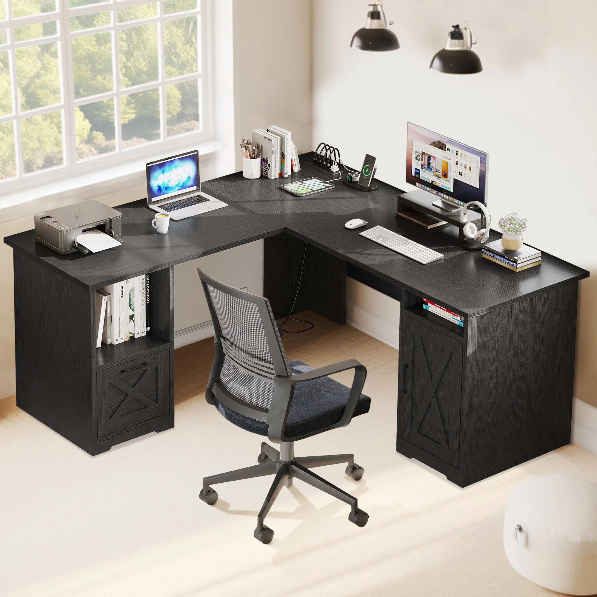 Dextrus 59 Inch L-Shaped Desk with Power Outlet & USB Ports, Office Desk with File Cabinets, Large Computer Desk with Drawers, 2 Person Corner Desk Writing Desk with Storage Shelves, Black