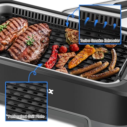 CUSIMAX Smokeless Indoor Grill, 1500W Korean BBQ Grill with Lid， Non-stick Removable Grill Plate, Turbo Smoke Extractor
