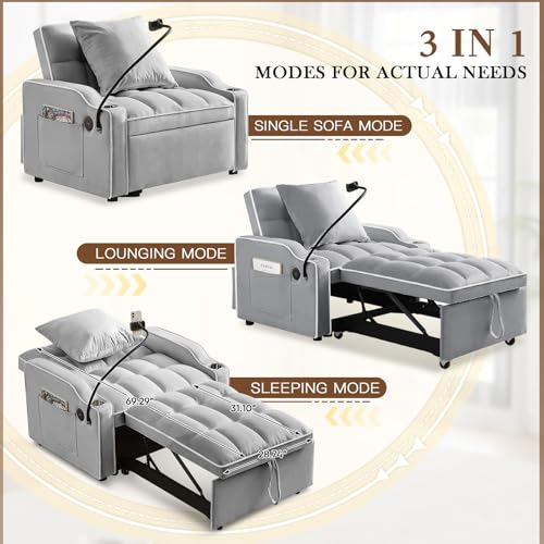 Convertible Sleeper Sofa Bed, 3 in 1 Velvet Pull Out Loveseat Couch Modern Comfy Futon Sofa with Adjustable Backrest & Phone Holder & USB Charging Space Saving for Living Room, Small Apartment, Grey