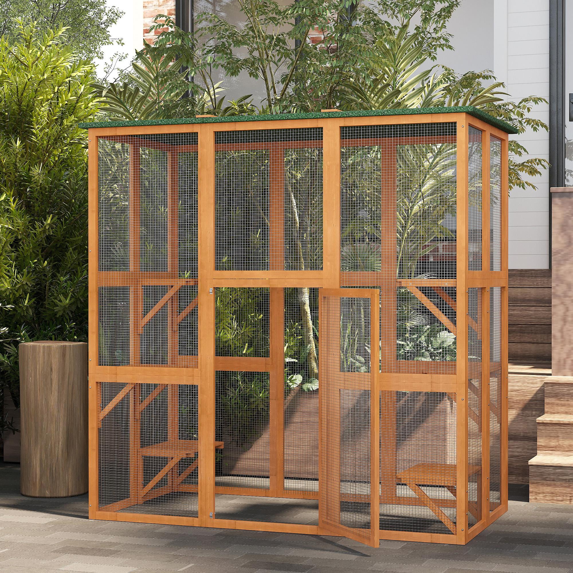 PawHut Outdoor Cat House Big Catio Wooden Feral Cat Shelter Enclosure with Large Spacious Interior, 6 High Ledges, Weather Protection Asphalt Roof, 71" L, Orange
