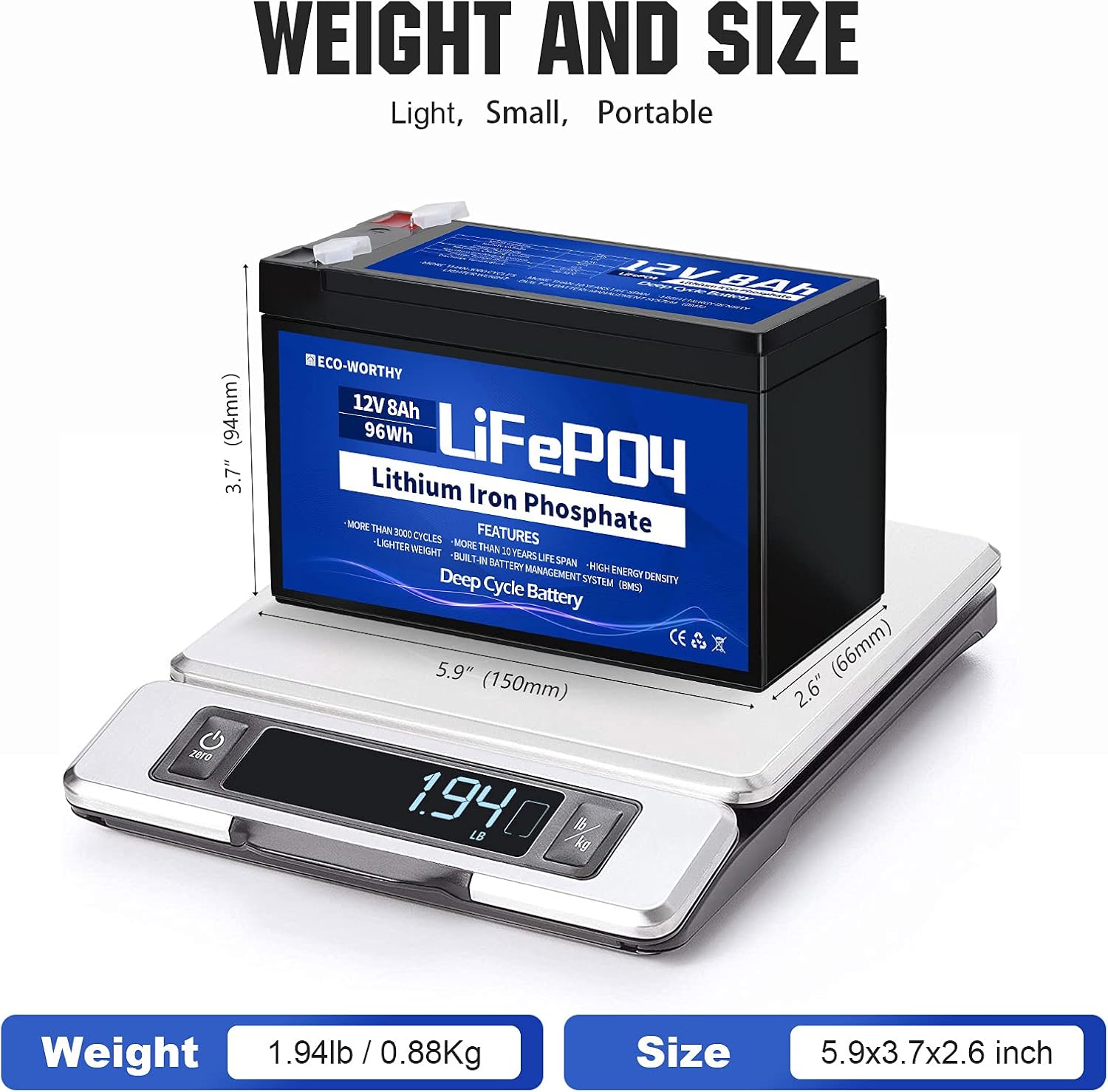 12V 8Ah Rechargeable LiFePO4 Lithium Iron Phosphate Battery with 3000+ Times Deep Cycles and BMS Protection for Fish Finder, Ham Radio, Scooter, Light, Kids Car Pack of 2