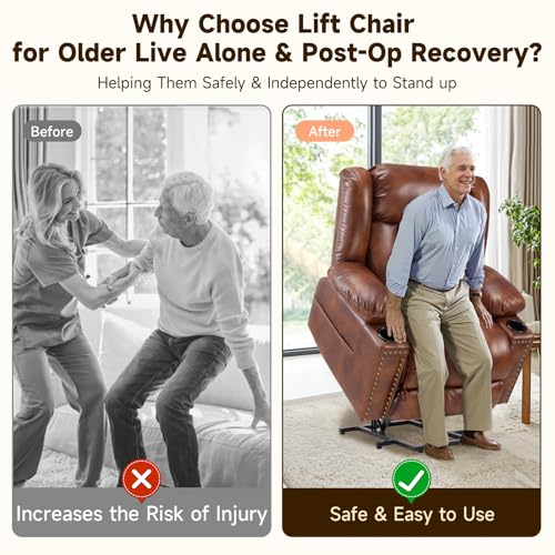 Large Power Lift Chairs Recliners for Elderly with Heated and Massage, Overstuffed Adjustable Lift Chairs, 3 Positions, Breathable Leather, USB-A and USB-C, Cup Holder, Side Pocket Dark Brown