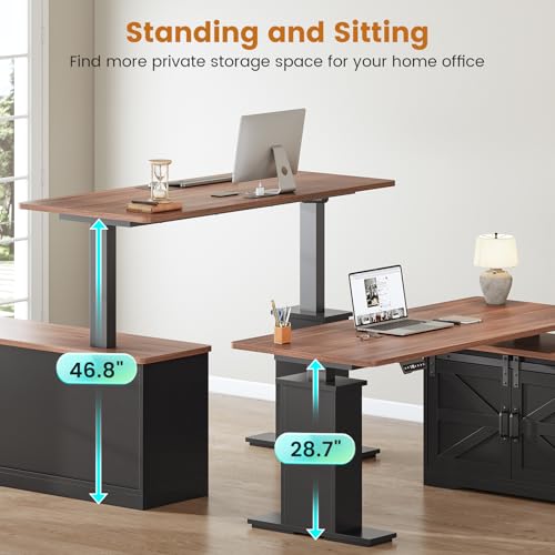 SEDETA Farmhouse L Shaped Standing Desk, 55 inch Height Adjustable Corner Desk with Storage Drawers, Standing Computer Desks with Power Outlets for Home Office, Black