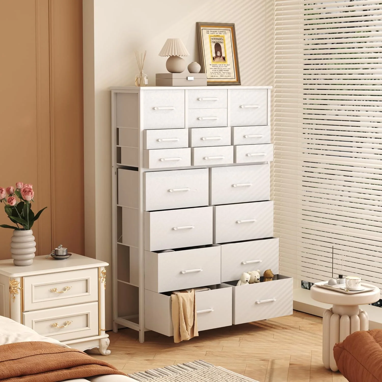 HOMEFORT 18 Drawer Dresser for Bedroom, 57" Tall Fabric Chest of Drawers, Large Capacity Storage Organizer Tower for Closet, Living Room, Hallway, Entryway, White