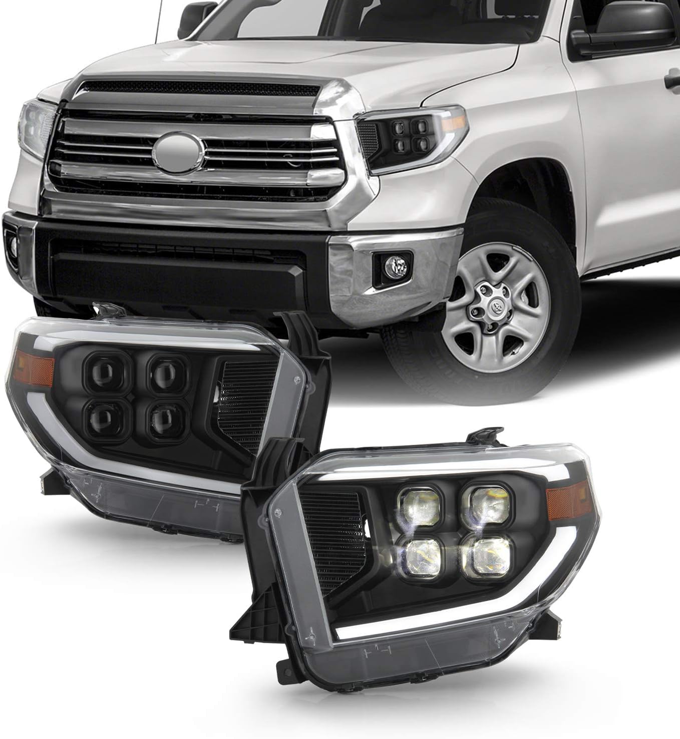 AKKON - Fits 2014-2017 Toyota Tundra Limited SR SR5 TRD LED Parking Quad Projector Black Headlights Pair Driver + Passenger