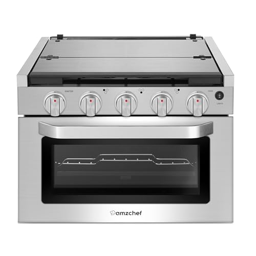 AMZCHEF 21 Inch RV Gas Range Stove 12V. Gas Range Oven for RV Use with 3 Burners, 1.77 Cu.Ft. Capacity Gas Oven, 28,100BTU, Open Flame Configuration, Knob work indicator, Heavy Duty Cast Iron Grates