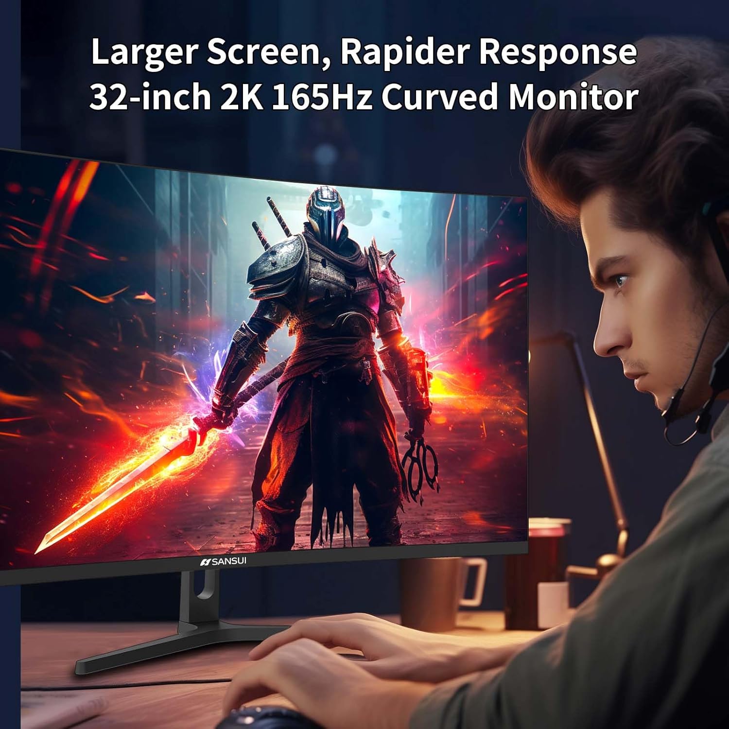 SANSUI 32-Inch WQHD 165Hz Curved 1500R Wide Gaming Monitor-2560 x 1440, 1ms(OD), HDR, 300nits, sRGB 125%, DCI-P3 95%, Adaptive Sync, HDMI2.1(TMDS) x2, DP1.2x2(ES-G32C3 DP Cable Included)