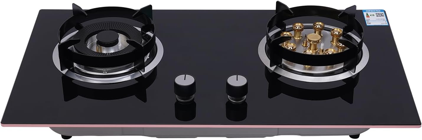 Gas Cook Top 2 Burners Gas Stove Built-In Kitchen Gas Cook Top Stove LPG/NG Stove 5.2KW Black Knob Control Built-In Glass Cook Top for Kitchen,RV