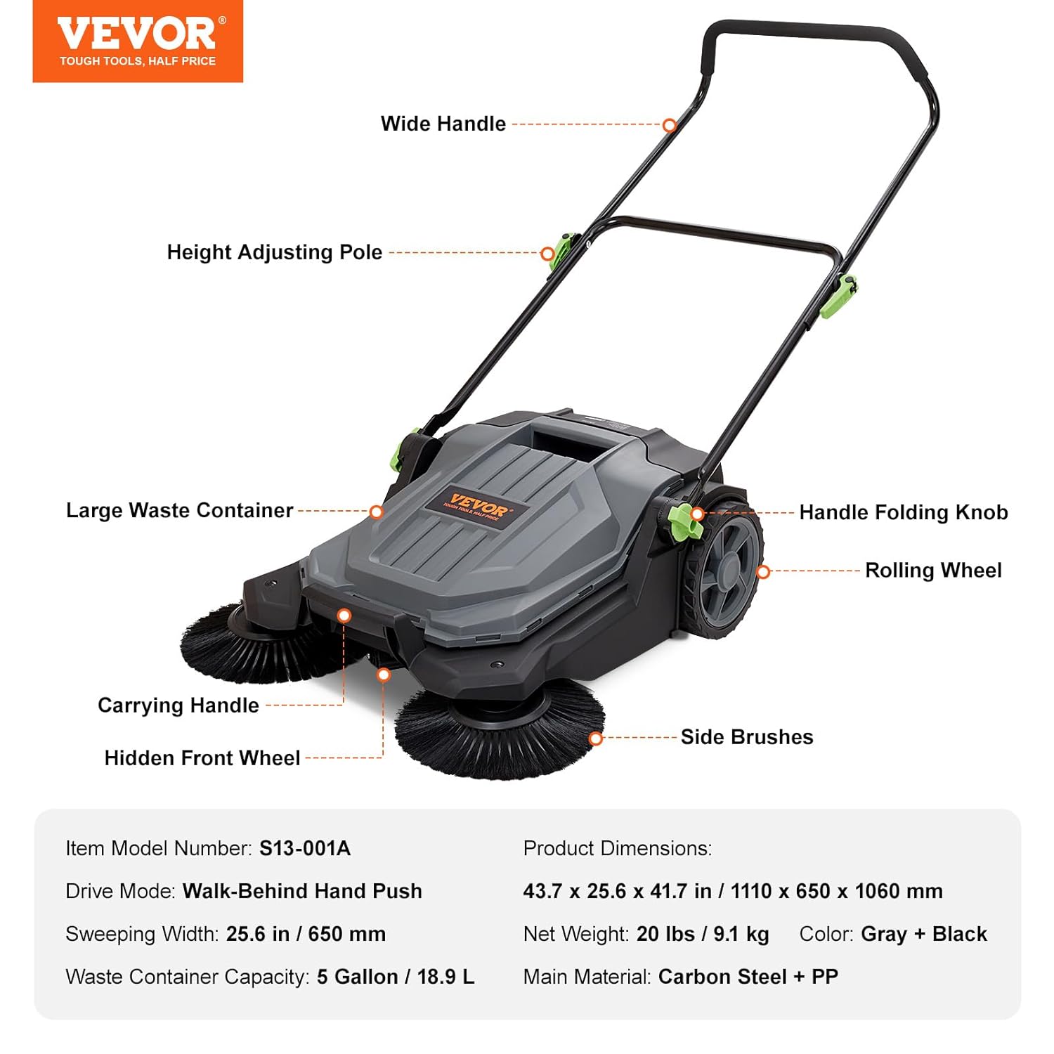 VEVOR Walk-Behind Hand Push Floor Sweeper, 25.6" Sweeping Width Floor Sweeper Manual Non-Electric, 5-Gallon Waste Container, Angle & Height Adjustable Folding Handle for Walkway, Yard, Garage, Patio