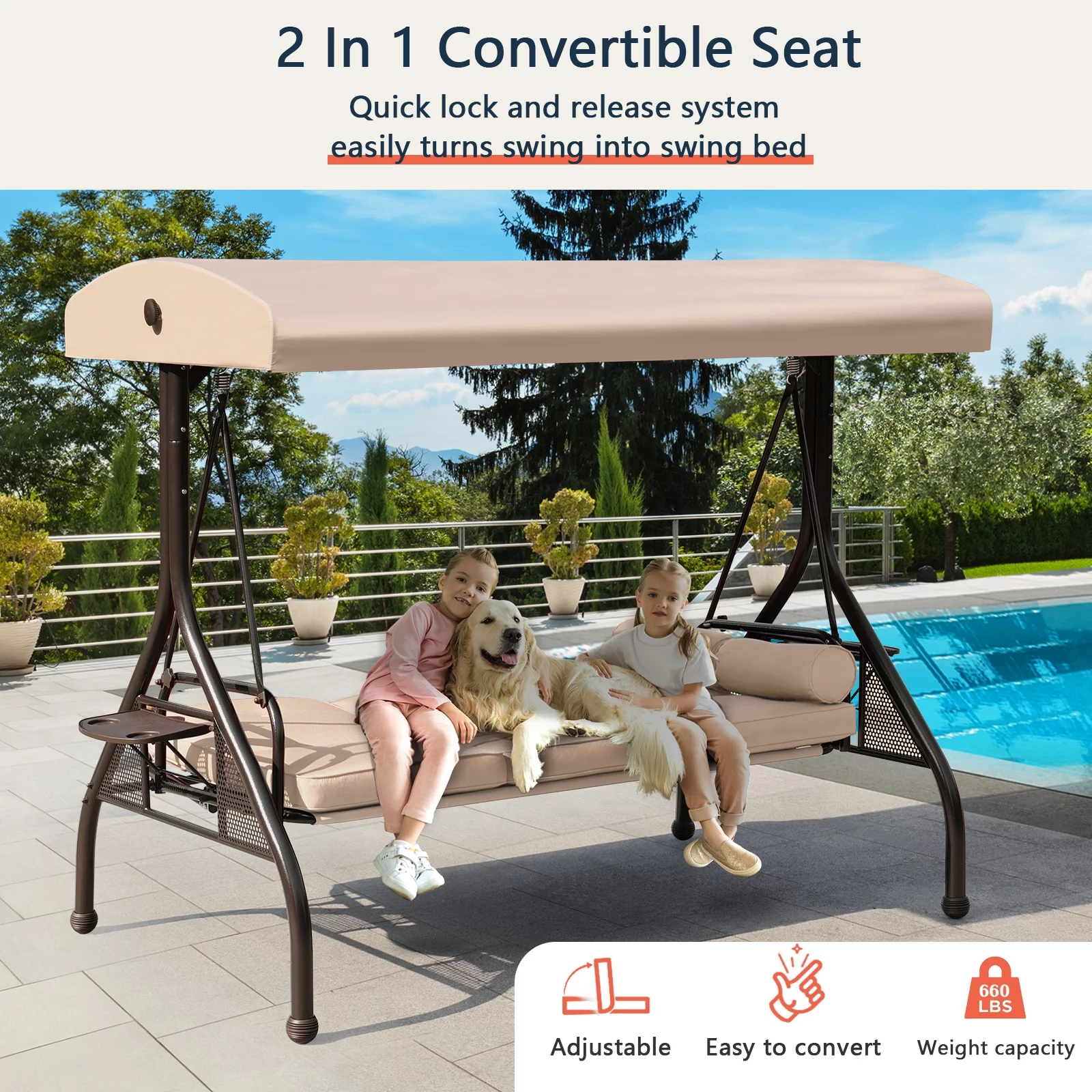 NOBLEMOOD 3-Seat Patio Porch Swing with Adjustable Canopy, Thickened Cushion & Foldable Tray, Khahi