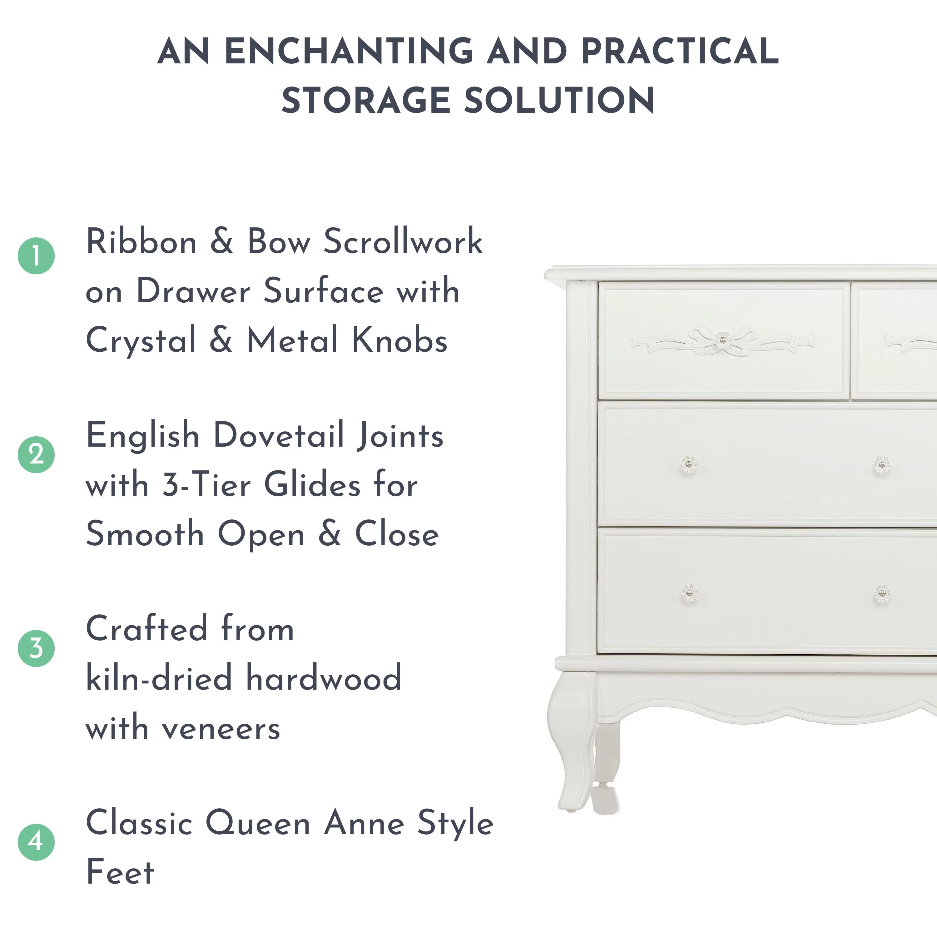 Evolur Aurora 7 Drawer Double Dresser Frost, Spacious Drawers