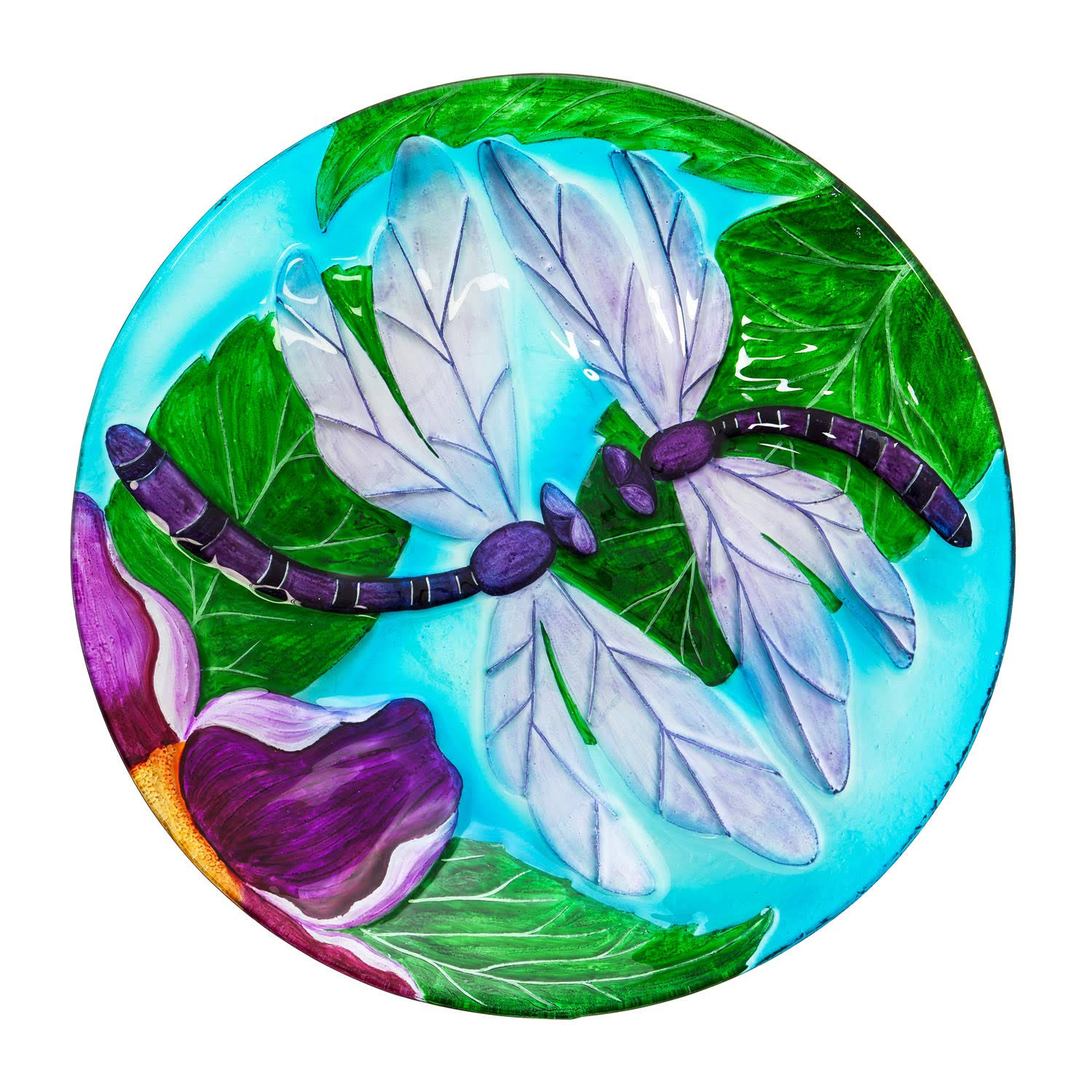 Dragonfly Duo Solar Hand Painted Embossed Glass Bird Bath with Stand