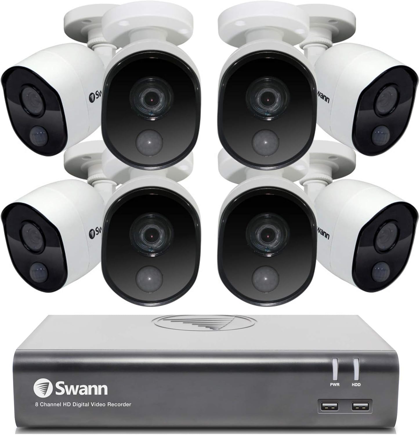 Swann Home Security Camera System, 8 Channel 8 Bullet Cameras, 1080p HD DVR, Indoor/Outdoor Wired Surveillance CCTV, Night Vision, Heat & Motion Sensing, Alexa + Google, 1TB Hard Drive, SWDVK-845808V