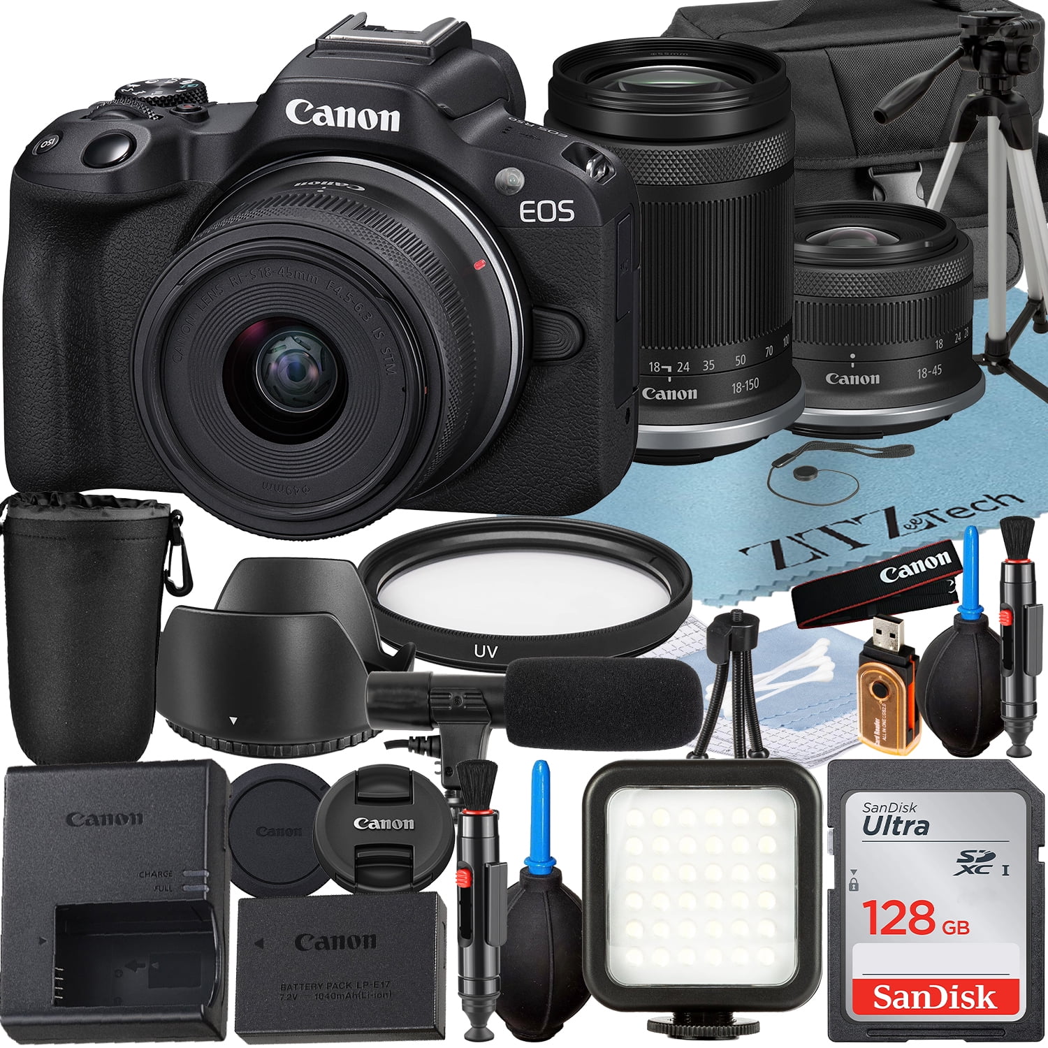 Canon EOS R50 Mirrorless Camera with RF-S 18-45mm + 18-150mm Lens + SanDisk 128GB Memory Card + Case + LED Flash + ZeeTech Accessory Bundle - Curated Treasures Market