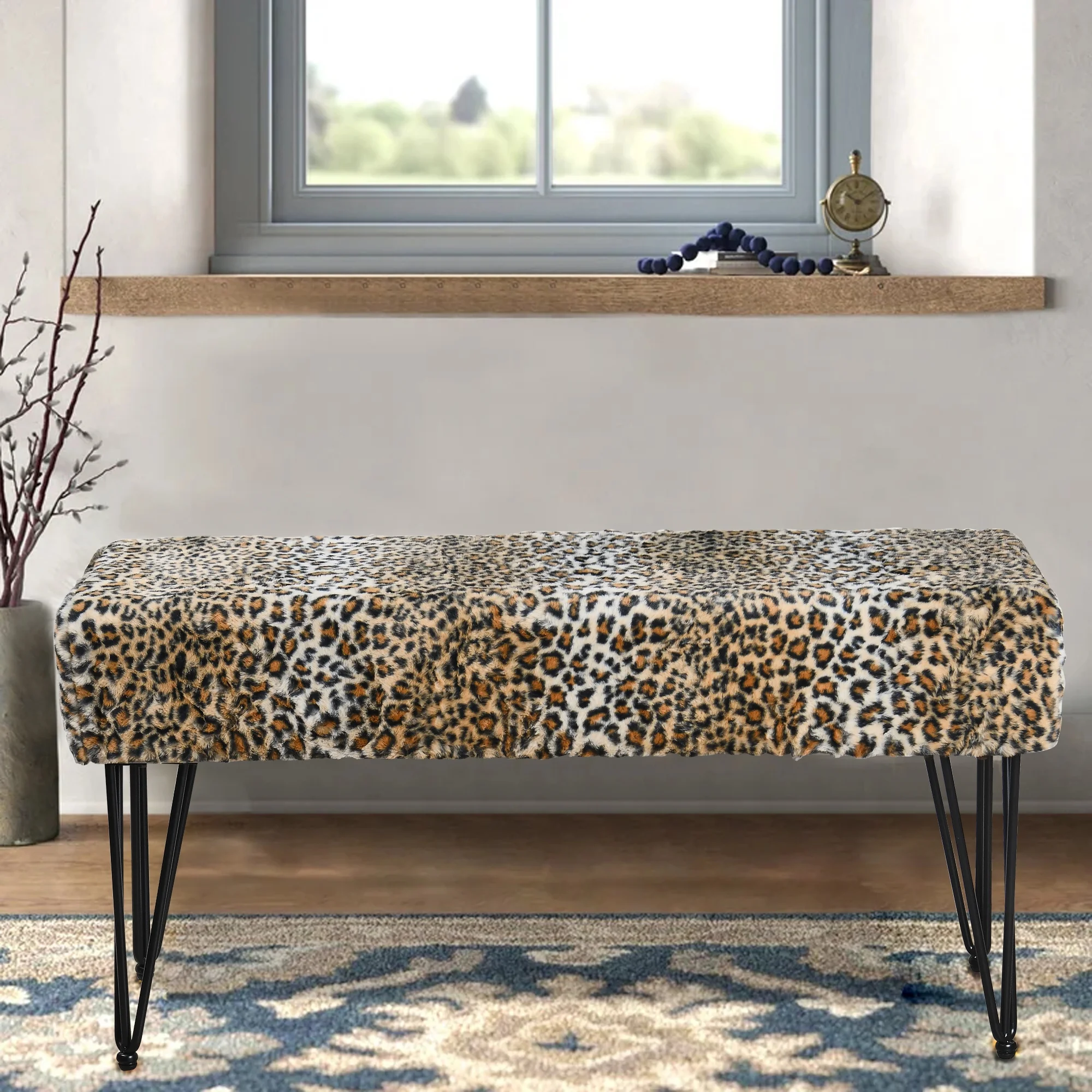 Home Soft Things Faux Fur Ottoman- Leopard - Black Leg - 46x16x22"