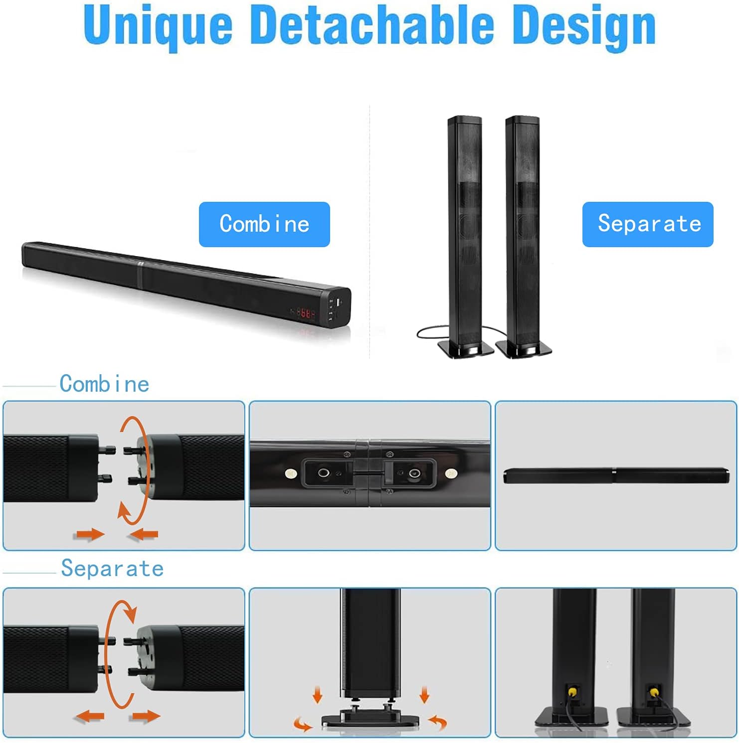 Sound Bars for TV, 2 in 1 Home Theater Surround Sound System soundbar Speaker with 4 Driver Speakers,Remote Control,Wall Mountable,Optical/RCA/AUX/USB/Micro SD Connection Pack of 2