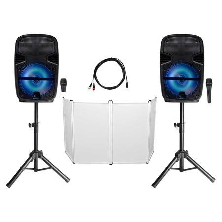 (2) Technical Pro PB14PKG 12x22 2000W Bluetooth LED DJ Speakers+Stands+Mics+Facade