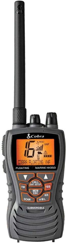 Cobra MR HH350W FLT Handheld Floating VHF Radio – 6 Watt, Submersible, Noise Cancelling Mic, Backlit LCD Display, NOAA Weather, Memory Scan, White