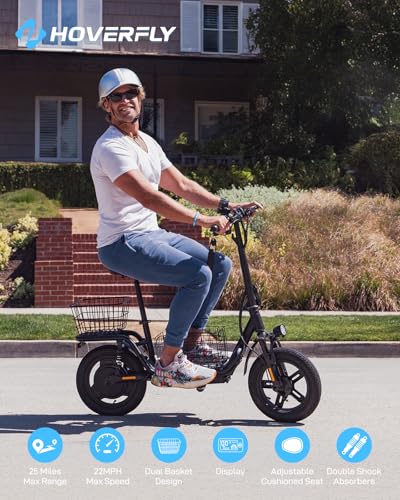 Hoverfly 14" Electric Scooter with Seat Adult, 550W/750W Peak Motor, 18.6/25 Miles Range, 15.5/22Mph Max Speed, Height-Adjustable Comfort Seat, Commuter Escooter with Carry Basket&Accessories