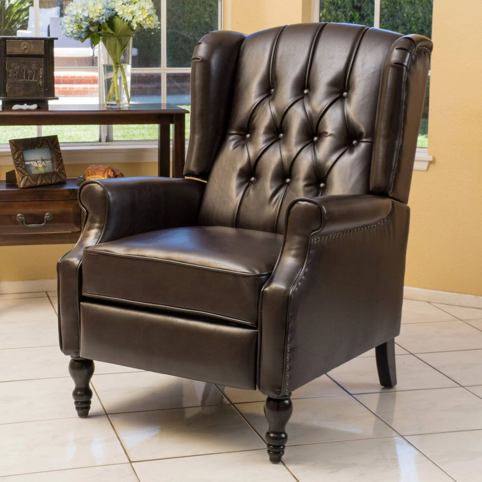 GDF Studio Elizabeth Contemporary Tufted Wingback Pushback Recliner, Brown and Dark Brown