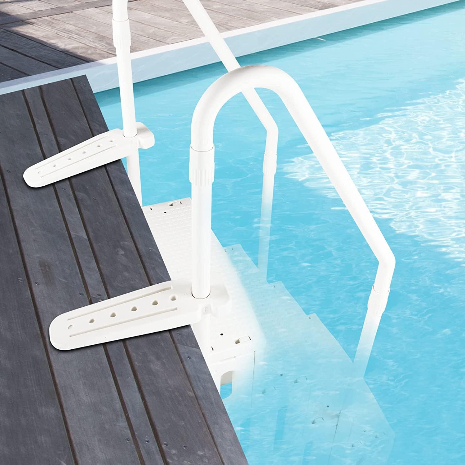 Above Ground Swimming Pool Ladder with Handrails, Pool Steps to Deck, Adjustable Pool Safety Ladder for Above Ground Swimming Pools, White