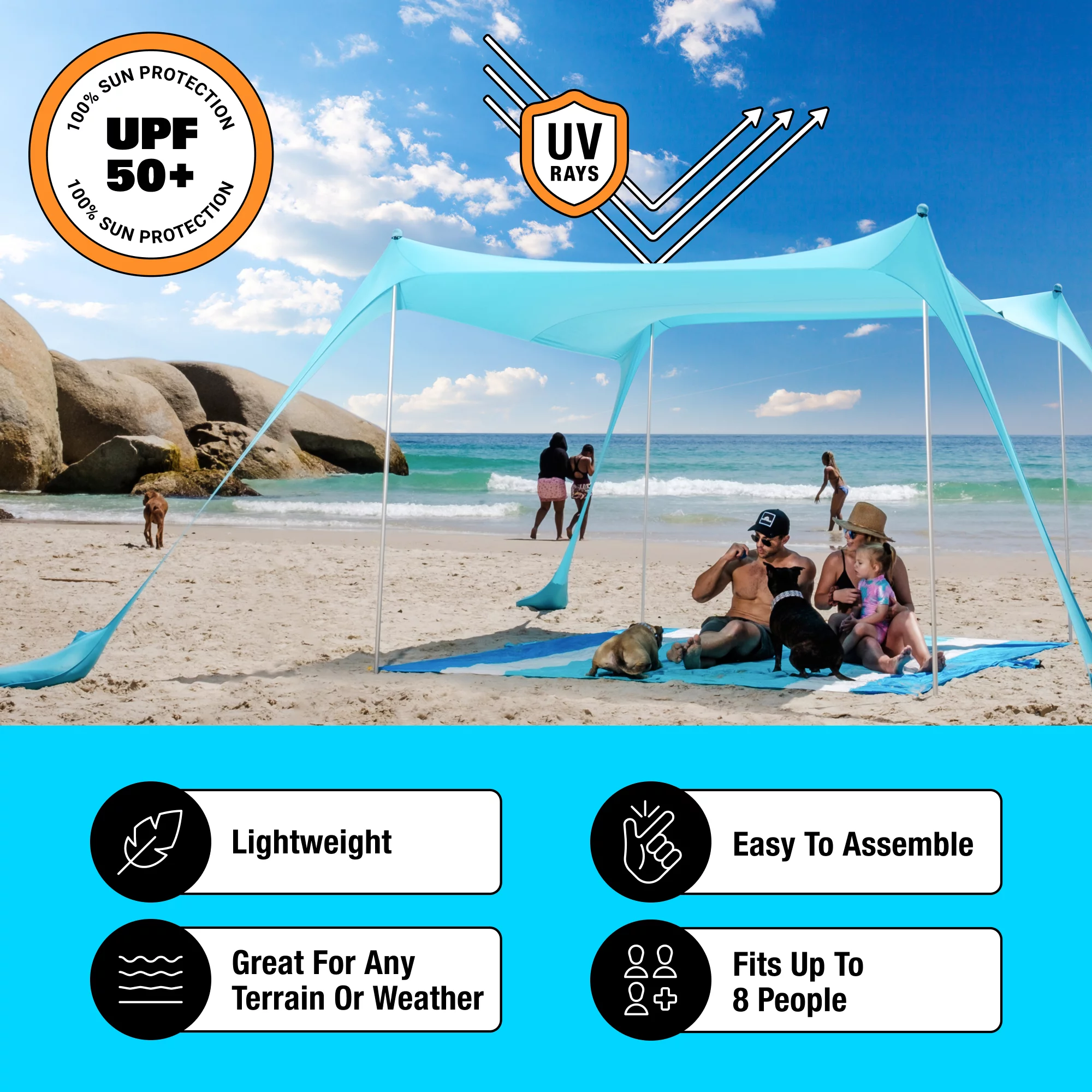 SUN NINJA Pop Up Navy Blue Beach Tent UPF50+ with Shovel, Pegs & Stability Poles