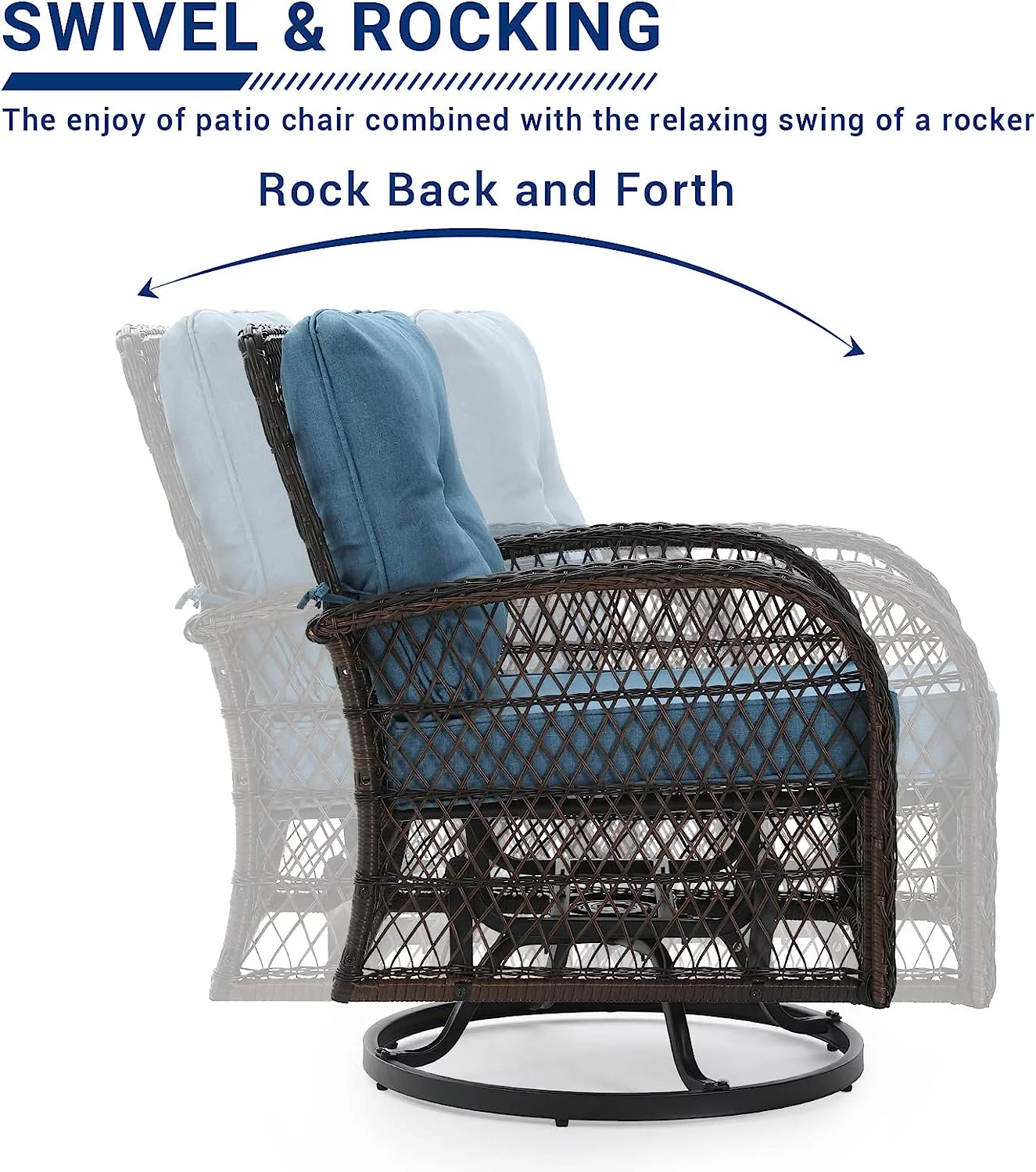 UDPATIO 3 Pieces Patio Furniture Set, Outdoor Swivel Gliders Rocker, Wicker Patio Bistro Set with Rattan Rocking Chair, Glass Top Side Table and Thickened Cushions for Porch Deck Backyard (Navy)